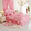 韩版全棉粉红公主风蕾丝，花边床裙四件套贡缎，提花甜蜜蜜婚庆床品