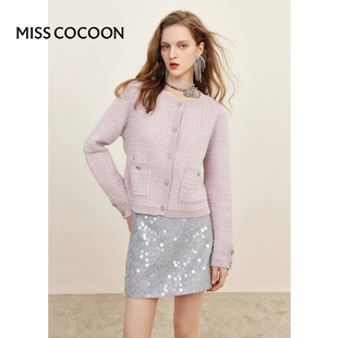 misscocoon紫色圆领针织，开衫上衣女2024春季时尚，宽松毛衫冬装