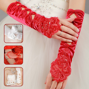 新娘手套蕾丝红色白色结婚婚庆婚礼婚纱短款长款缎面新娘手套