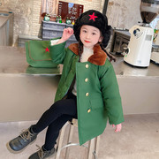 女童军绿色大衣加棉保暖加厚小女孩，外套儿童冬装，女宝宝冬季棉衣