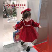 T女童连衣裙冬季加绒洋气红色新年装一周岁生日礼服宝宝公主裙