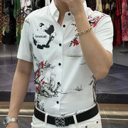 夏季新中式山水画男士衬衫短袖时尚国潮民族风免熨烫透气衬衣