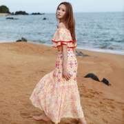 夏季波西米亚海边度假风长裙一字领荷叶边设计收腰刺绣连衣裙f953