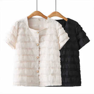 法式泡泡短袖上衣大码女夏季2024设计感洋气雪纺横条提花衬衫