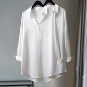 雪纺防晒白色长款衬衫女遮屁股，2024垂感上衣设计感冰丝白衬衣(白衬衣)