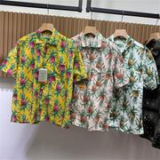 夏威夷风！夏季男士复古宽松菠萝图案印花时尚休闲翻领短袖衬衫