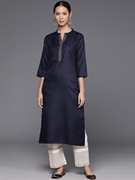 深蓝色v领棉混纺，印度女装七分袖显瘦休闲日常开叉上衣2023秋