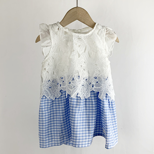 日系1-2岁幼儿女宝，夏季无袖飞袖裙式上衣裙，蕾丝雪纺立体小花