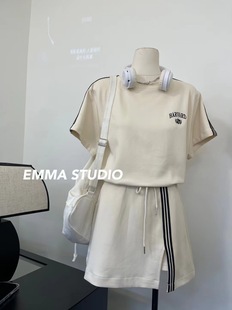 emma美式复古卫衣套装，女夏季短袖，薄款韩版甜美通勤休闲半裙两件套