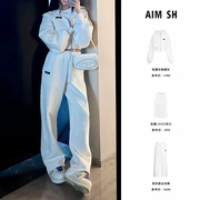 设计师潮牌AIM SH 粉标logo藏蓝色拉链收腰帽衫运动裤套装24SS