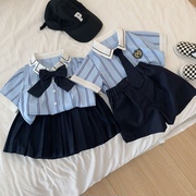 韩版童装夏款儿童英伦学院风假两件套装男女时髦短袖衬衫宝宝西裤