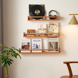 樱桃木墙上置物架实木书架，杂志架客厅壁挂式木质，绘本收纳储物隔板