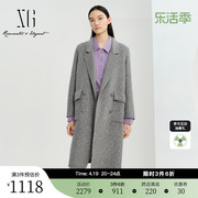 XG雪歌灰色宽松长袖毛呢外套2023冬季亮片点缀长款羊毛大衣女