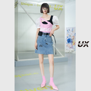 UX经典春夏季款女装牛仔蓝印花短裙女高级气质时尚短款设计感ins