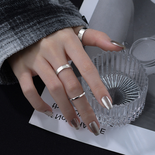 925纯银戒指女日韩小众，设计ins极简细宽光面素圈男食指可调节指环