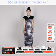 YUICHI YANG时尚拼接v字领抽绳连衣裙修身百搭CHENSHOP设计师品牌