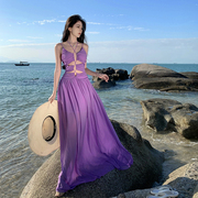 ！复古轻奢高级感深V抽带缩褶雪纺吊带连衣裙名会海边紫色