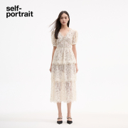 self-portrait 象牙白经典蕾丝重工亮片小V领收腰塔裙长裙连衣裙