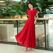 2024夏红色雪纺连衣裙时尚显瘦大摆女士气质长裙高级感到脚踝
