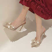 甜美气质高跟鞋细跟尖头浅口珍珠蝴蝶结婚鞋高级感水晶新娘鞋