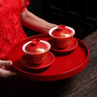 结婚敬茶杯陶瓷盖碗喜碗宫廷风新婚对碗送礼双喜杯碗筷套装