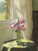 客厅玄关装饰画无框画窗前瓶中花卉油画画芯喷绘g16