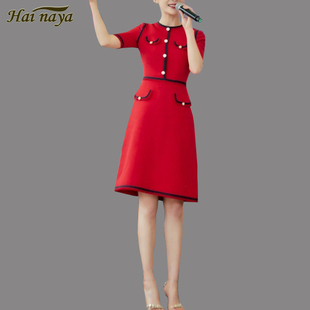 红色法式连衣裙夏高端(夏高端)大牌气质圆领，七分袖显瘦优雅小香风a裙