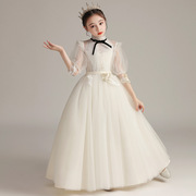 女童蓬蓬纱主持人公主，裙仙气儿童礼服，白色婚礼小女孩中袖演出服女
