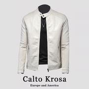 CaltoKrosa~欧美立领机车软皮衣外套男轻奢休闲白色加绒修身夹克