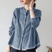 大码女装韩版立领，单排扣浅蓝色褶皱棉麻，长袖宽松上衣衬衫t-shirt
