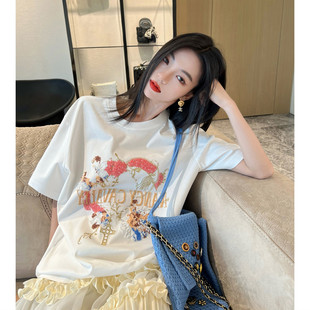 Nancy小景家重工系列奢华质感JI致工艺 萬片钉珠手工机绣鸢尾T恤