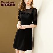 丹慕妮尔法式黑色雪纺连衣裙，女短袖夏季气质，收腰中长裙子