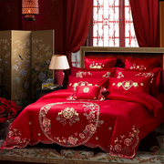 结婚庆被套床上四件套全棉，纯棉刺绣喜被罩，4件大红色婚房喜庆床品