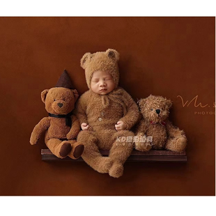 影楼新生儿可爱维尼熊主题服装，宝宝长袖连袜水貂绒小熊服装帽子