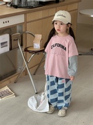 甜甜家女童字母假两件长袖t恤打底衫2024春儿童洋气休闲韩版上衣