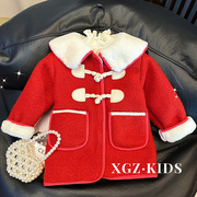 女童冬季新年装洋气，小女孩红色呢大衣，儿童时髦中长款加厚呢子外套