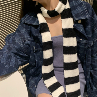 西本条纹窄版针织围巾女冬季韩国小众设计师，凹造型超长细围脖毛线