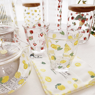 日本zakka草莓柠檬玻璃杯牛奶杯子水杯水壶茶壶百洁布手帕