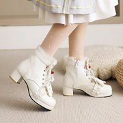 日系甜美洛丽塔短靴子女，粗跟短筒靴学生鞋，秋冬可爱中跟马丁靴