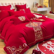 高档中式结婚四件套大红色，龙凤刺绣被套，床单纯棉婚庆床上用品婚房