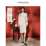 VGRASS优雅精致白色新中式暗纹提花立领流苏盘扣短外套冬款