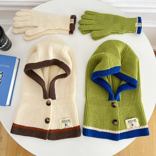 三色巴拉克拉法帽两件套韩国洋气冬季百搭纽扣手套围脖针织帽子女
