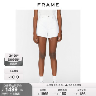 frame中腰牛仔短裤毛边裤脚，设计女式经典白色黑色女装