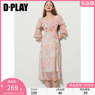 dplay2024夏海边(夏海边)度假裙，粉色碎花裙荷叶，边中袖雪纺连衣裙艺术长裙