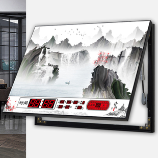 新中式电表箱装饰画万年历带钟表挂画配电箱电闸遮挡山水风景壁画