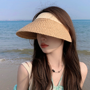 拉菲草空顶帽子女夏季大帽檐海边度假防晒帽防紫外线太阳帽遮阳帽