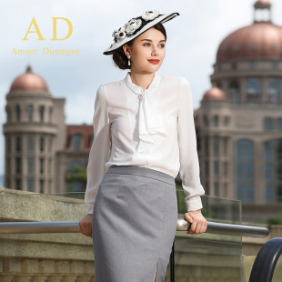 ad春夏气质长袖领结，白色女士时尚复古衬衫名媛，职业装女装ol衬衣