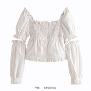 欧美女装   欧洲小众款洋气白色可拆卸镂空袖子衬衫短款方领上衣