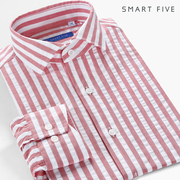 第五季男衬衫通勤休闲长袖纯棉，泡泡纱红白条纹高级感温莎领衬衣潮