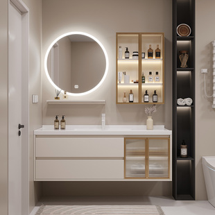 德国贝朗轻奢智能圆镜浴室柜，组合卫生间洗漱台奶油风洗手盆柜卫